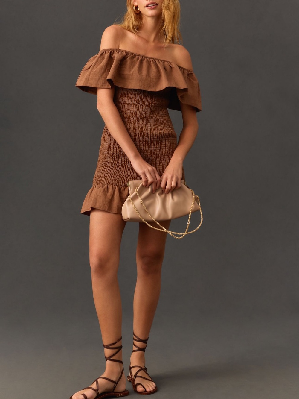 NWT Anthropologie Brown Off-Shoulder Ruffle Mini Dress
